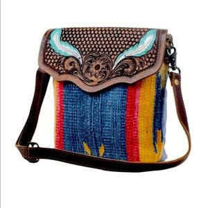 New Blue Feather Hand Tooled Canvas Leather Bag